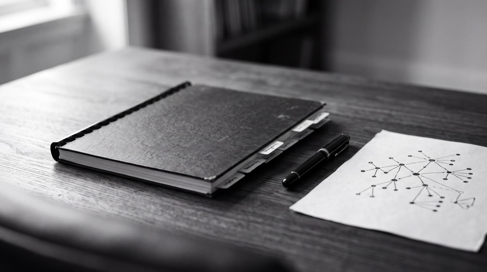 Rapporto analitico rilegato con segnalibri su un tavolo, accanto a una penna e a uno schema dei collegamenti
