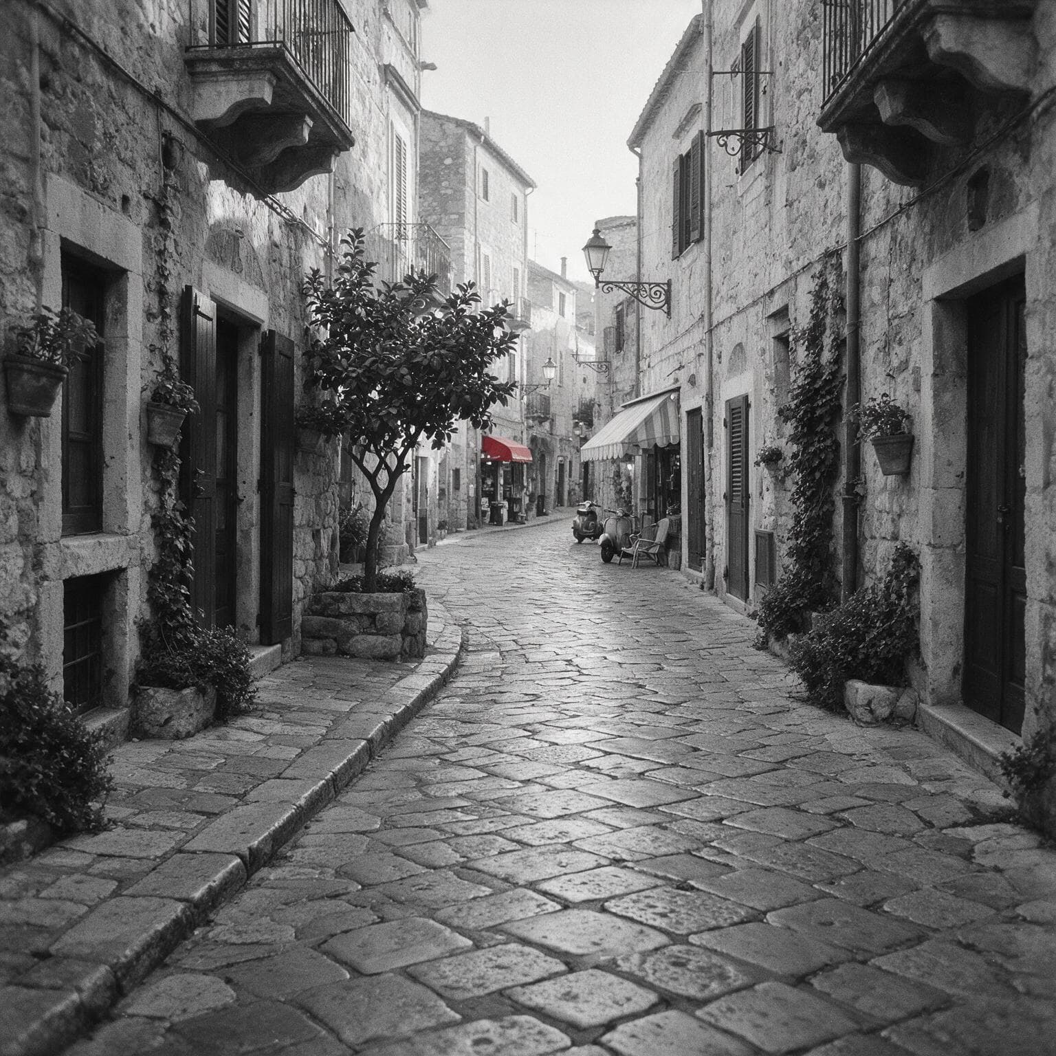 Calle empedrada entre edificios de piedra