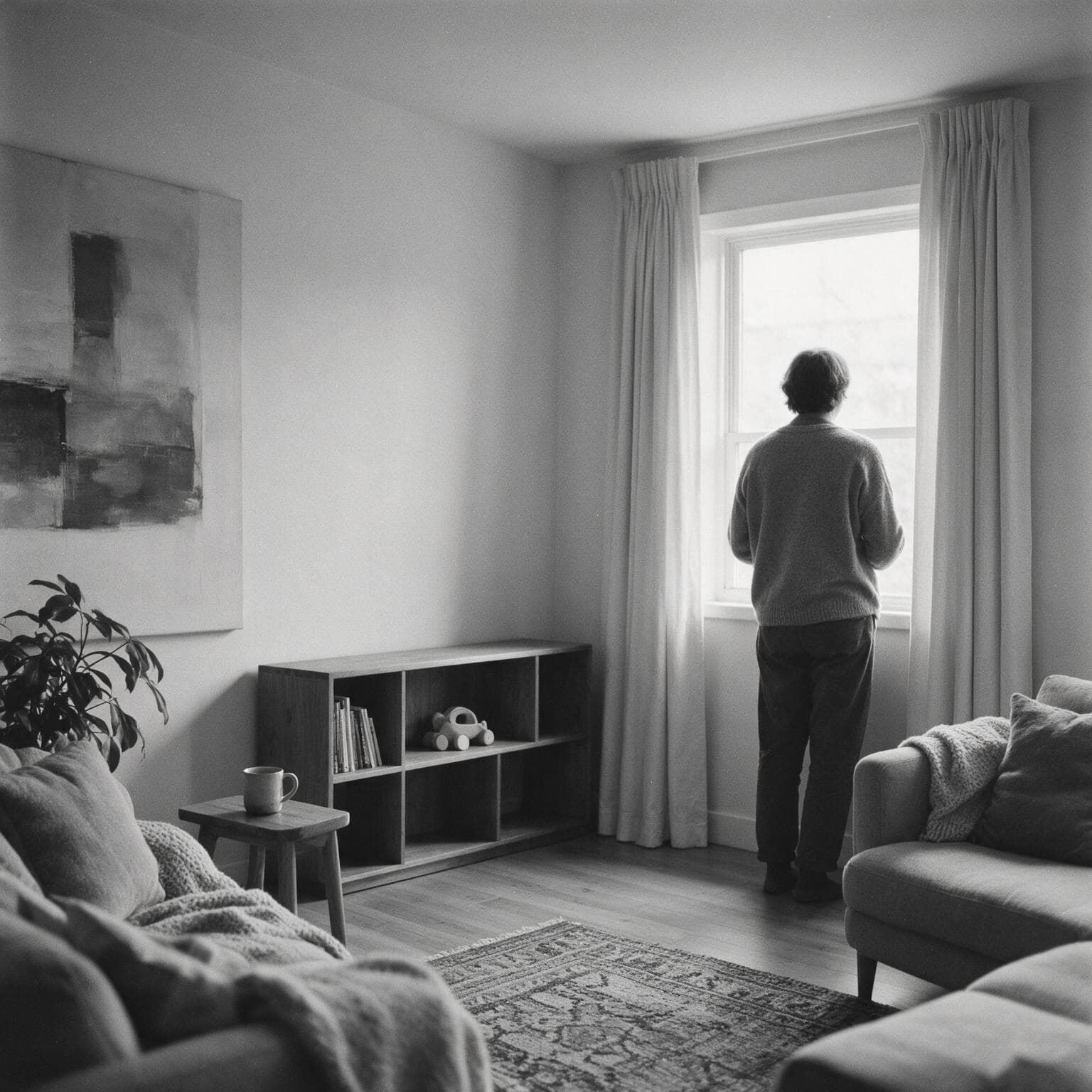 Eine Person steht am Fenster in einem ruhigen Wohnzimmer